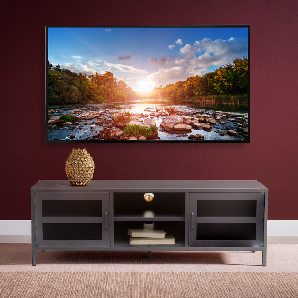Acier Grey Metal and Glass Two Door Media Unit with Open Shelves
