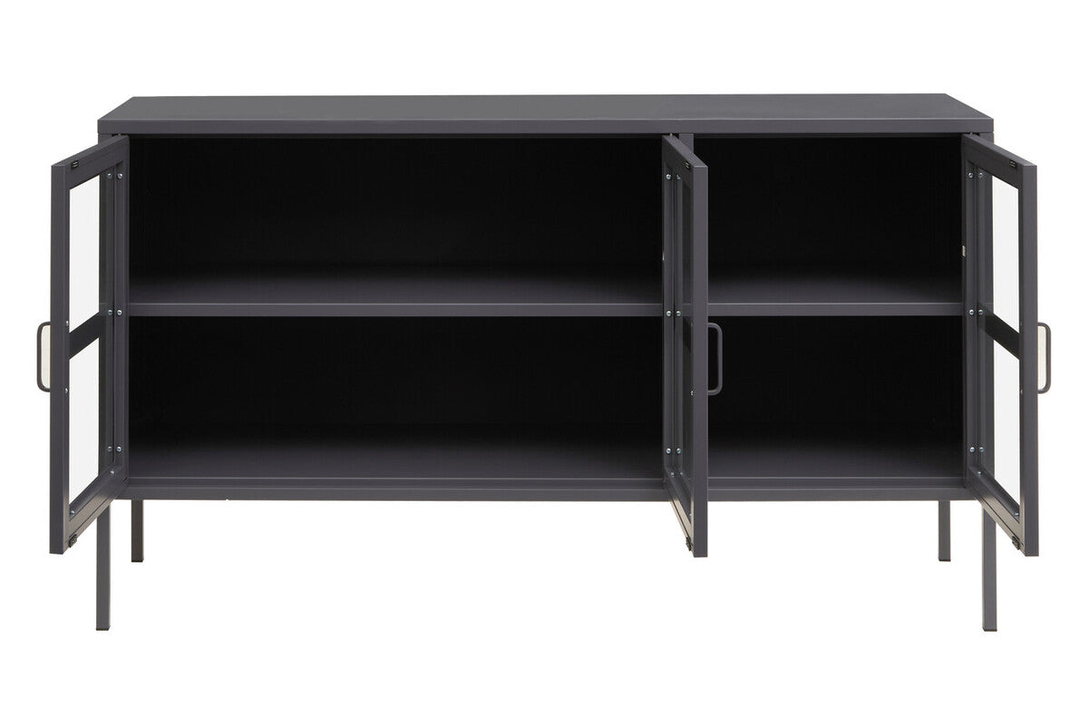 Acier Grey Metal and Glass Three Door Sideboard with Adjustable Shelves