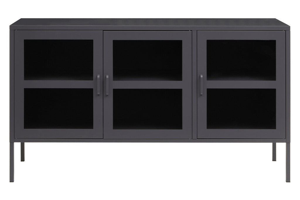 Acier Grey Metal and Glass Three Door Sideboard with Adjustable Shelves