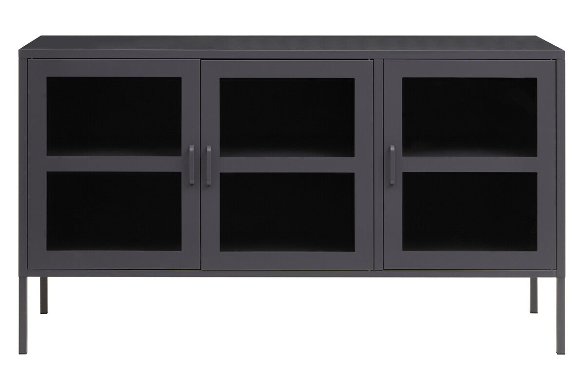 Acier Grey Metal and Glass Three Door Sideboard with Adjustable Shelves