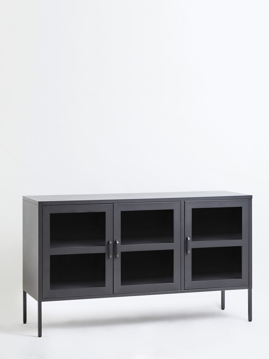 Acier Grey Metal and Glass Three Door Sideboard with Adjustable Shelves