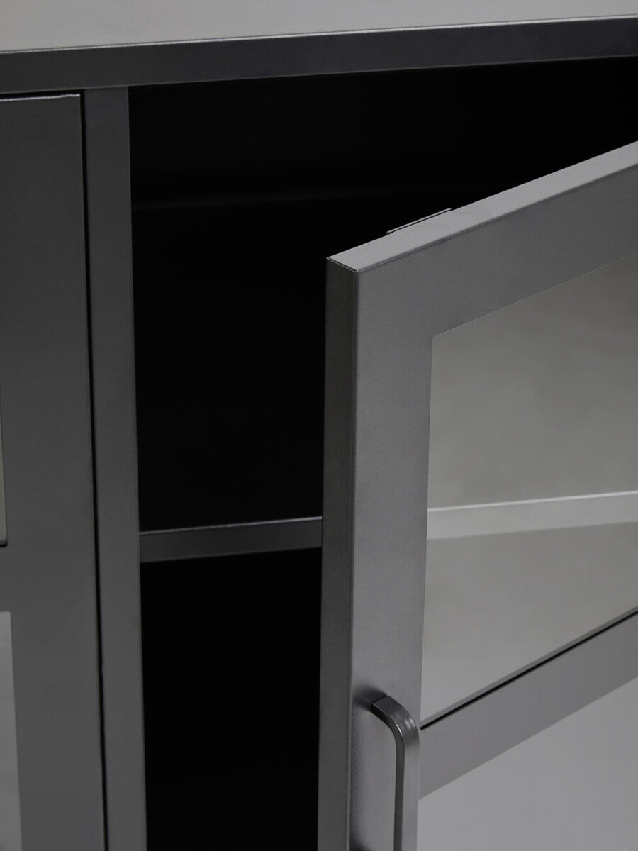 Acier Grey Metal and Glass Three Door Sideboard with Adjustable Shelves
