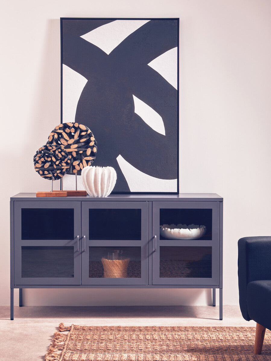 Acier Grey Metal and Glass Three Door Sideboard with Adjustable Shelves
