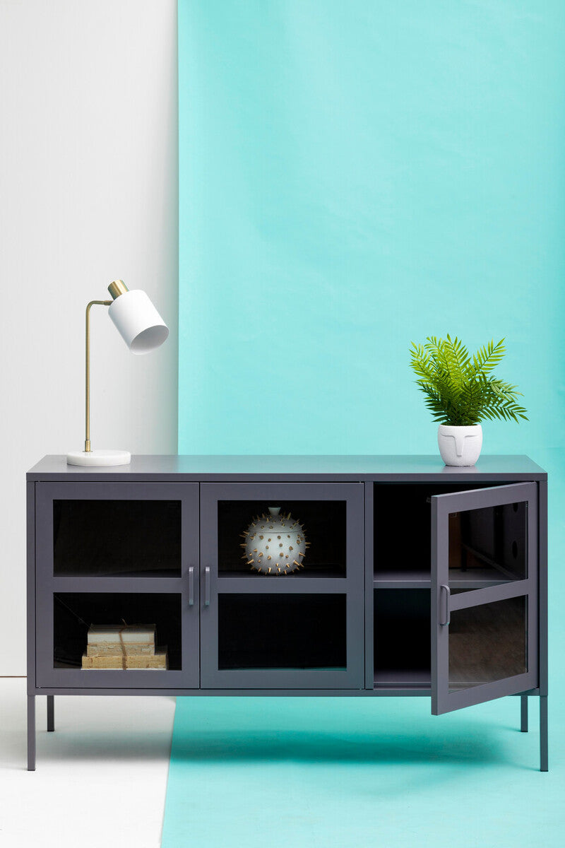 Acier Grey Metal and Glass Three Door Sideboard with Adjustable Shelves