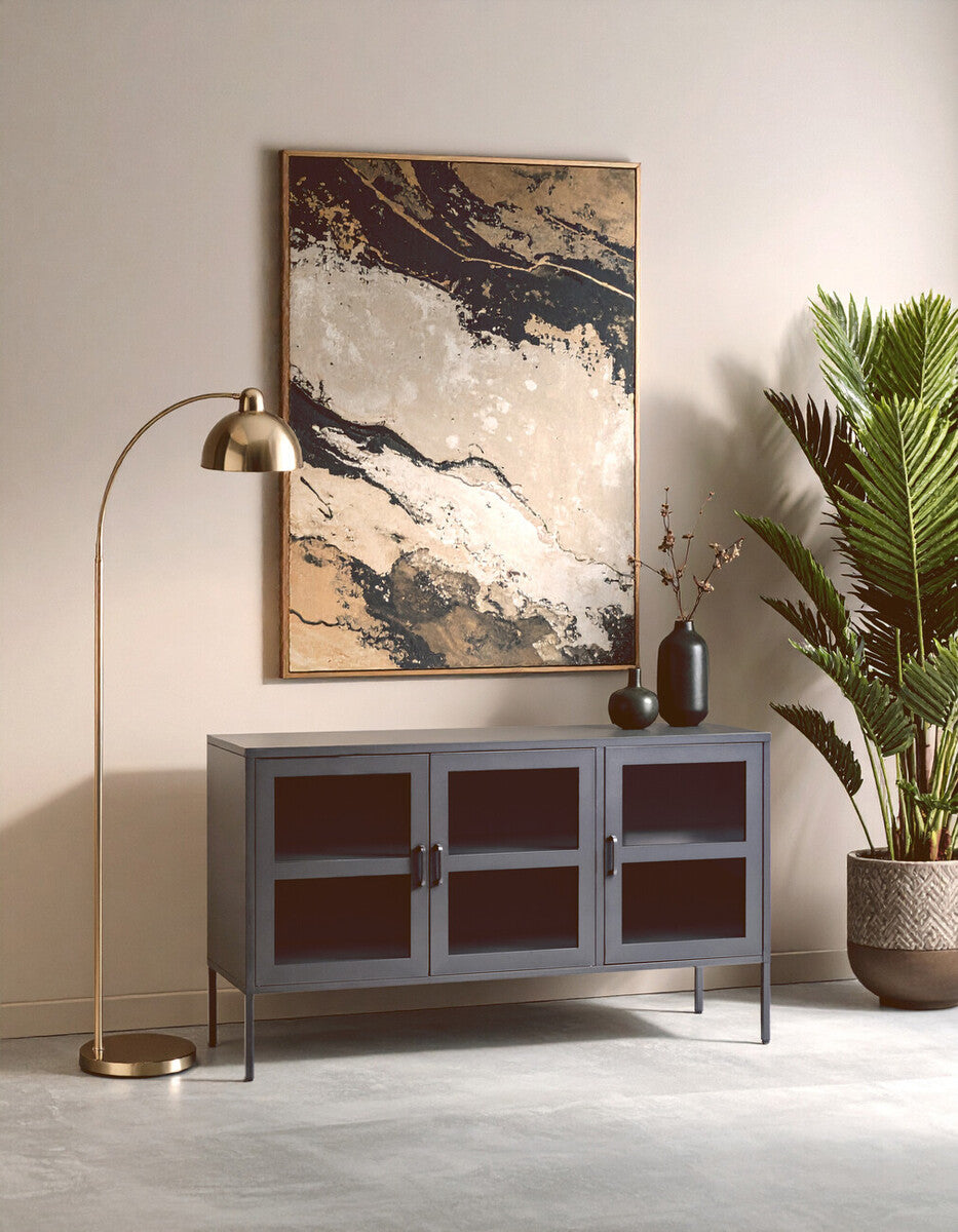 Acier Grey Metal and Glass Three Door Sideboard with Adjustable Shelves
