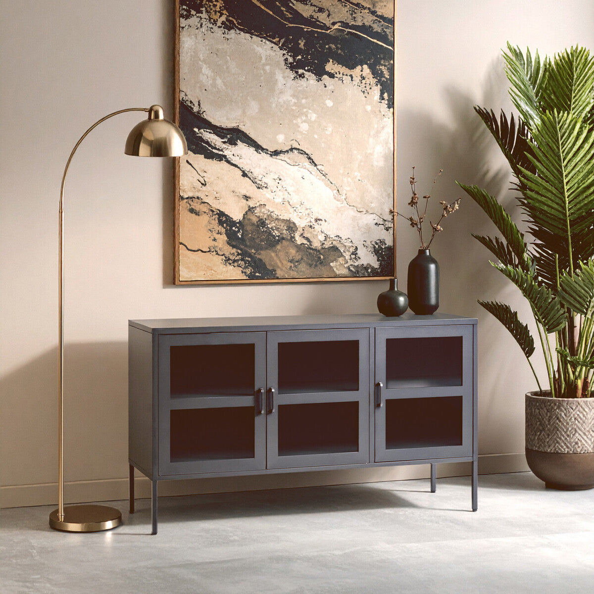 Acier Grey Metal and Glass Three Door Sideboard with Adjustable Shelves