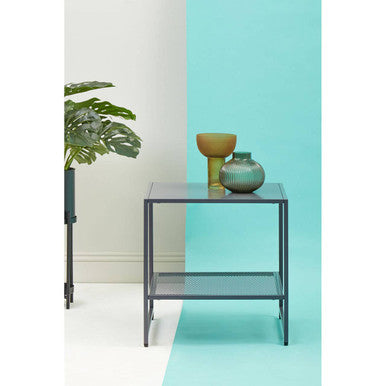 Acero Grey Metal Square Side Table with Mesh Shelf