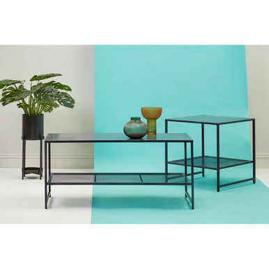 Black Powder Coated Metal Coffee Table with Open Storage Mesh Shelf, Acero