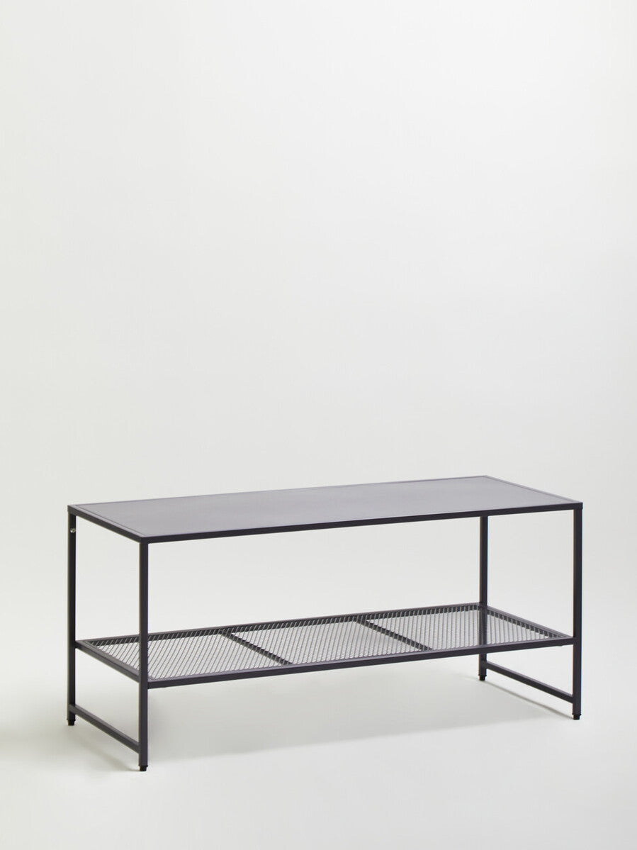 Grey Powder Coated Metal Coffee Table with Lower Mesh Display Shelf, Acero