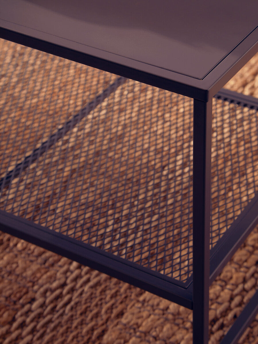 Grey Powder Coated Metal Coffee Table with Lower Mesh Display Shelf, Acero