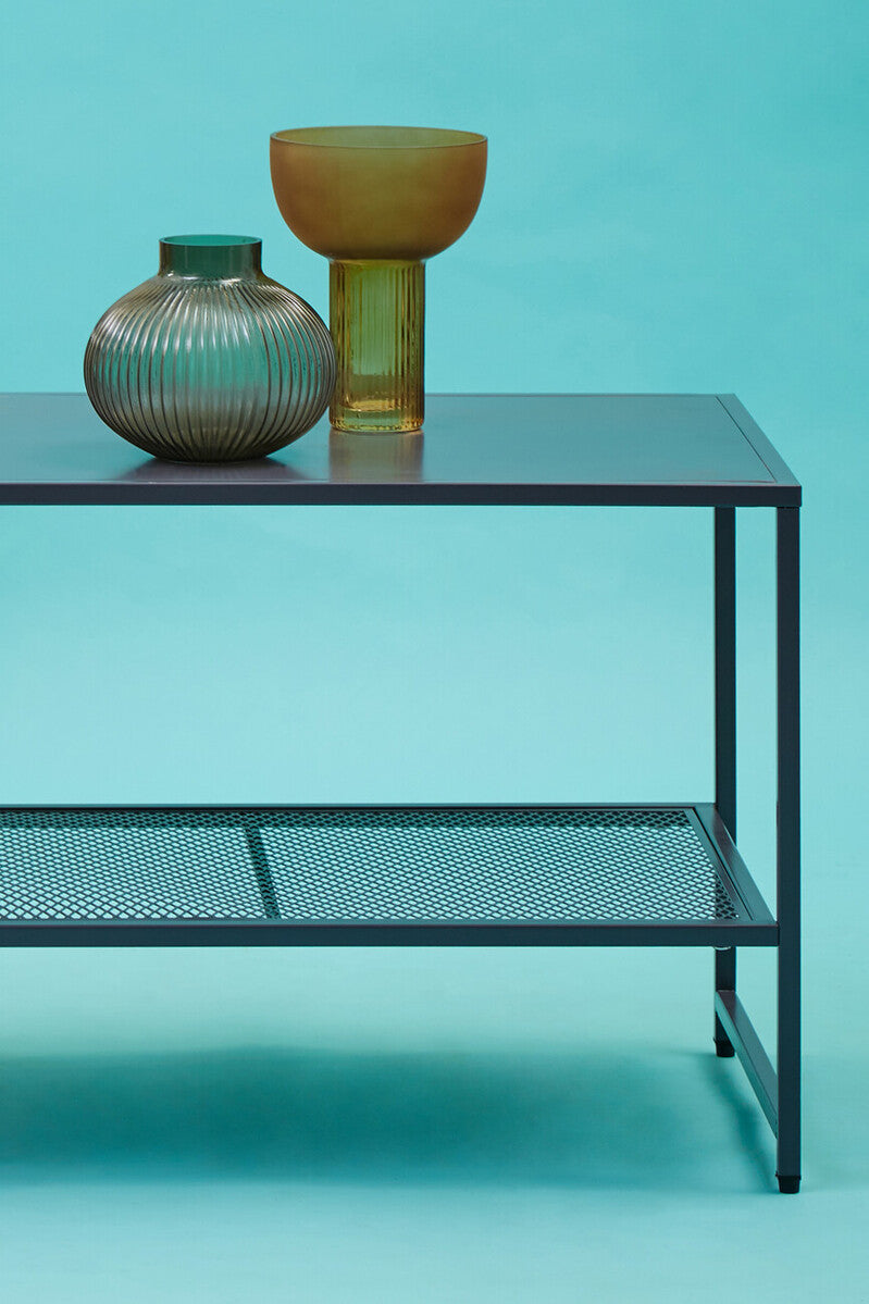 Grey Powder Coated Metal Coffee Table with Lower Mesh Display Shelf, Acero