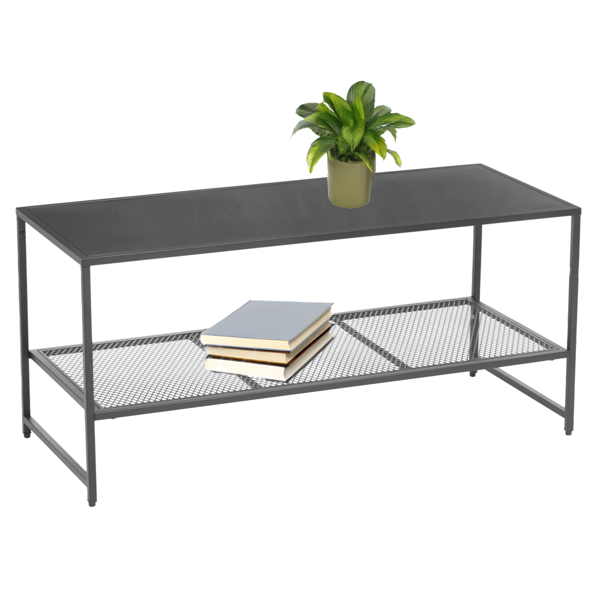 Grey Powder Coated Metal Coffee Table with Lower Mesh Display Shelf, Acero
