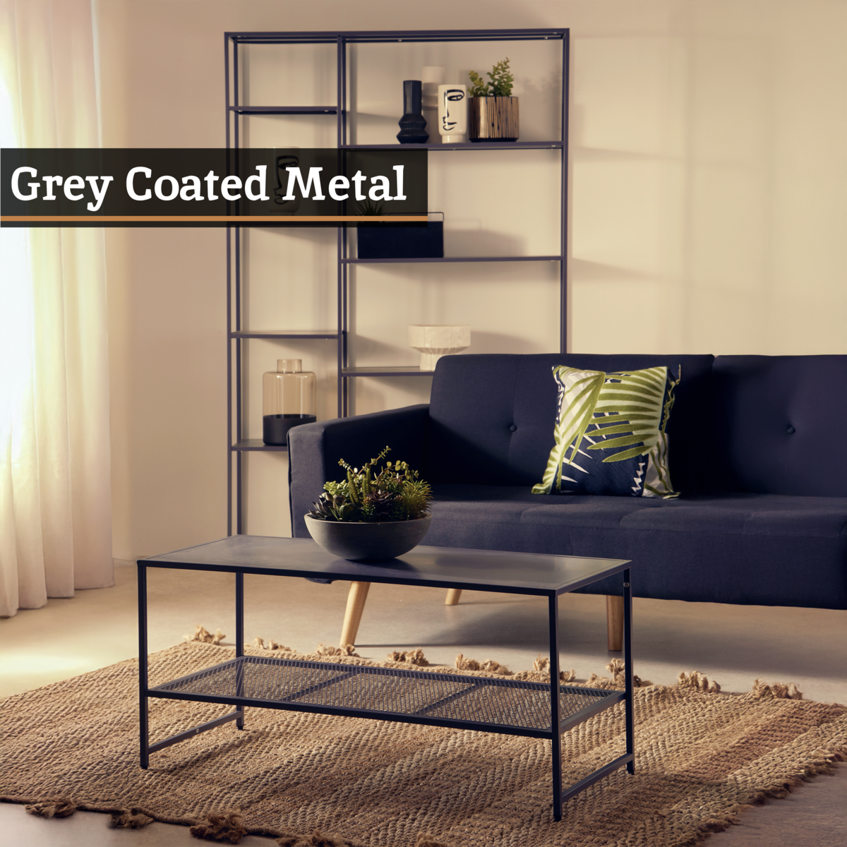 Acero Grey Metal Coffee Table with Mesh Shelf