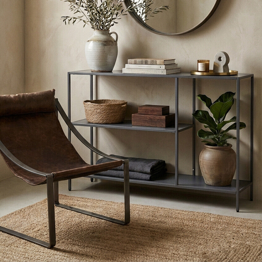 Grey Metal Console Table with Rectangular Top and Two-Tier Open Shelf Storage, Acero