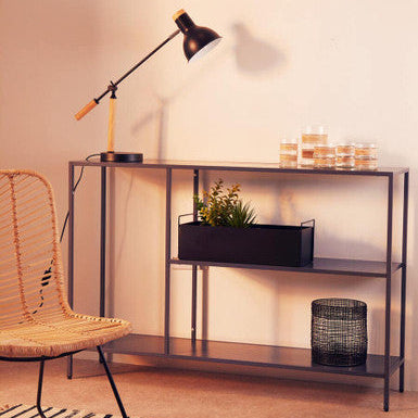 Grey Metal Console Table with Rectangular Top and Two-Tier Open Shelf Storage, Acero