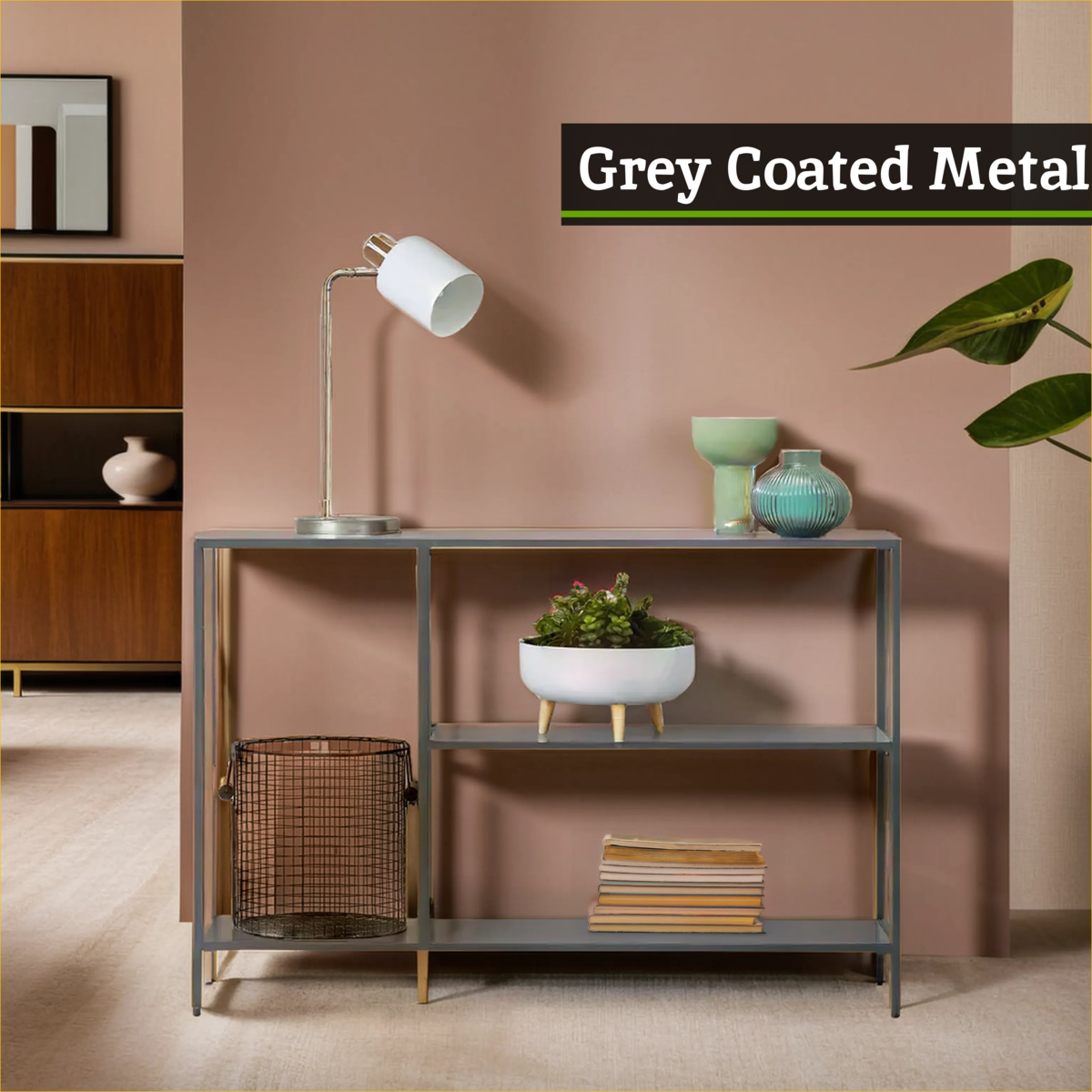 Grey Metal Console Table with Rectangular Top and Two-Tier Open Shelf Storage, Acero