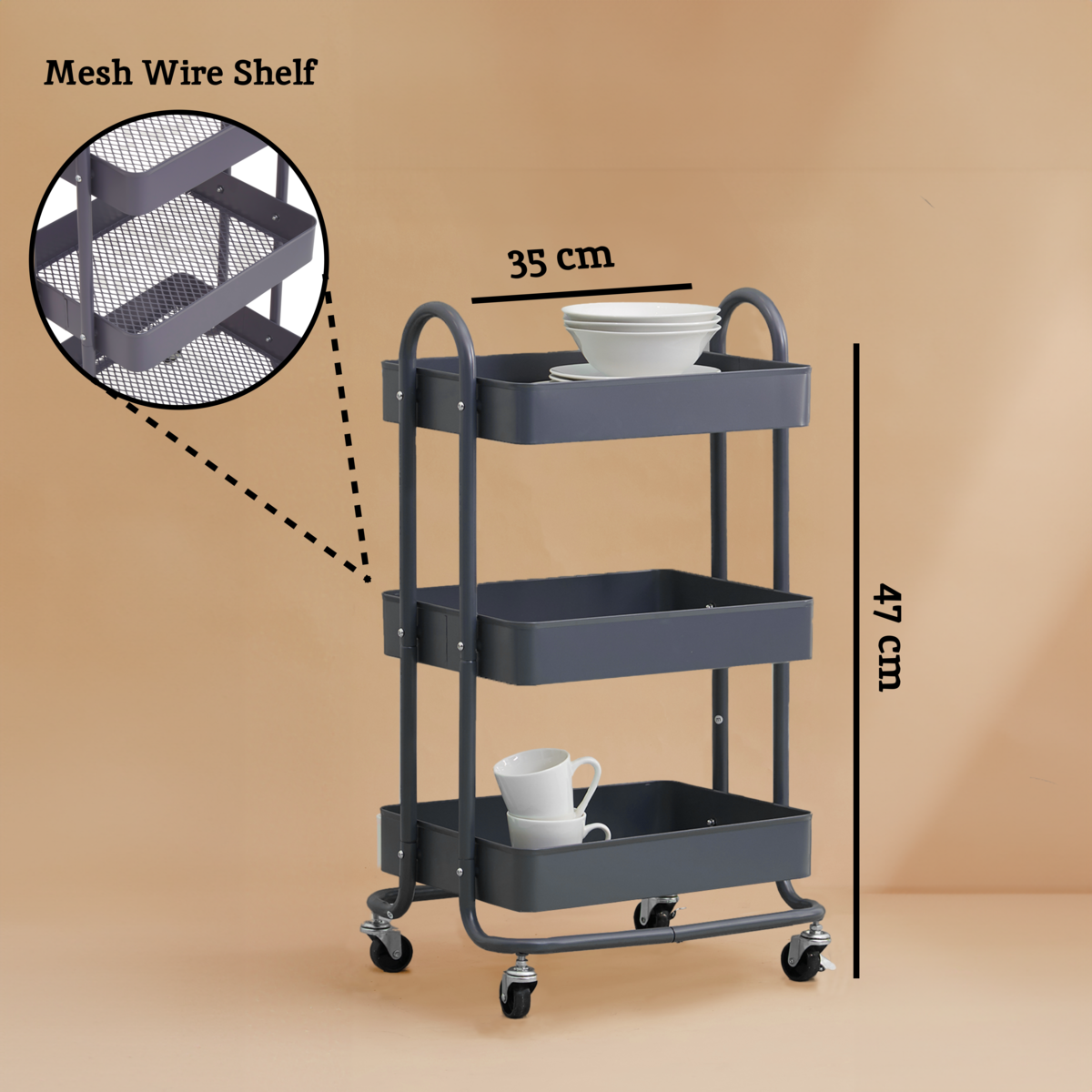 Acero Grey Metal Three Tier Trolley