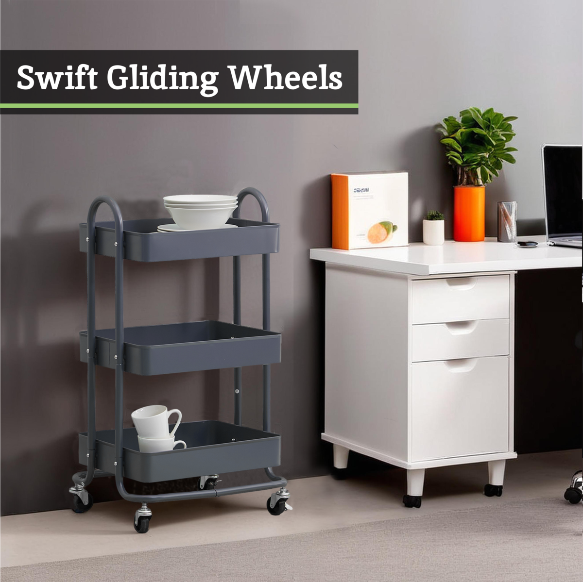 Acero Grey Metal Three Tier Trolley
