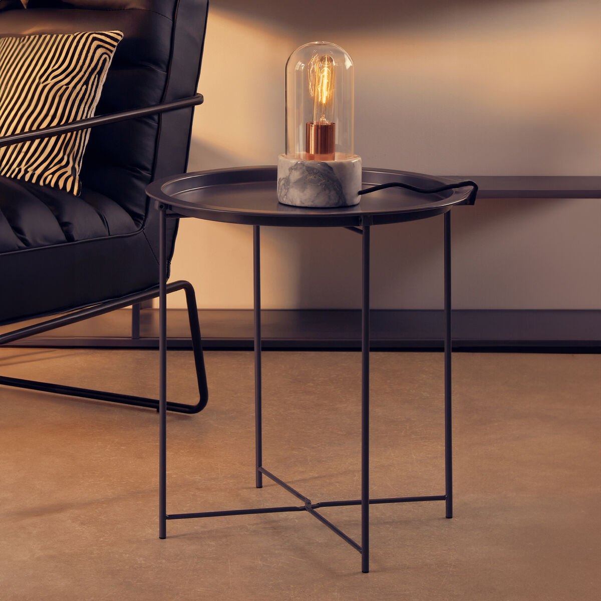 Grey Powder Coated Metal Round Side Table with Intersecting Cross Base, Acero