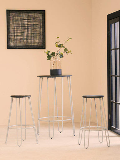 3 Piece Elm Wood Bar Table and Stool Set with Hairpin Legs in Natural Finish, District