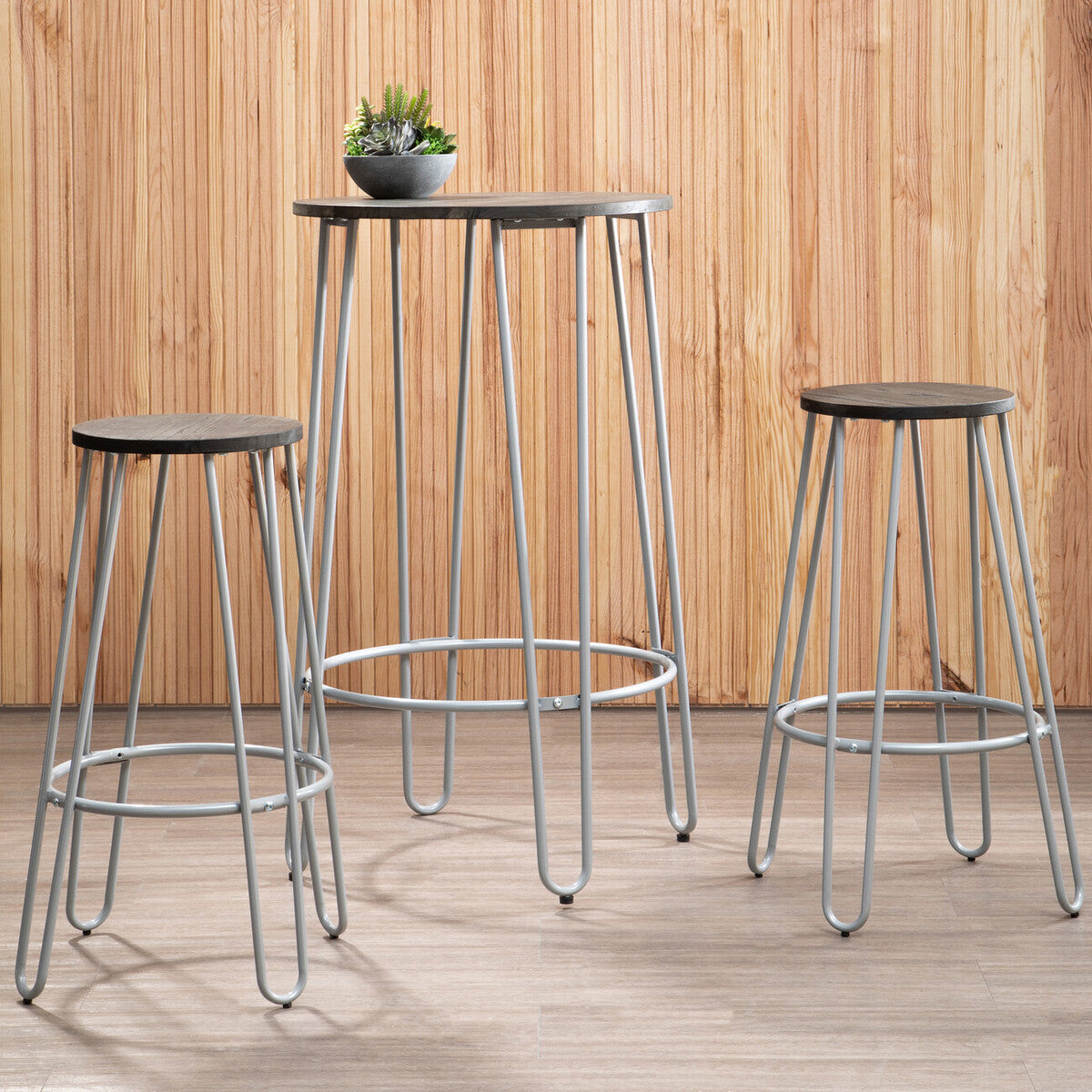 3 Piece Elm Wood Bar Table and Stool Set with Hairpin Legs in Natural Finish, District