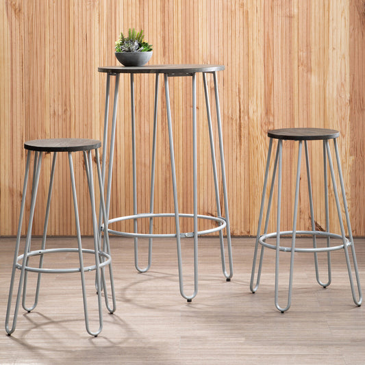 3 Piece Elm Wood Bar Table and Stool Set with Hairpin Legs in Natural Finish, District