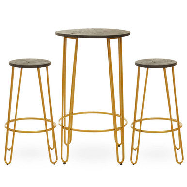 3 Piece Elm Wood Bar Table and Stool Set with Angular Frame in Gold Finish, District