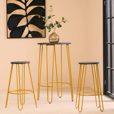 3 Piece Elm Wood Bar Table and Stool Set with Angular Frame in Gold Finish, District