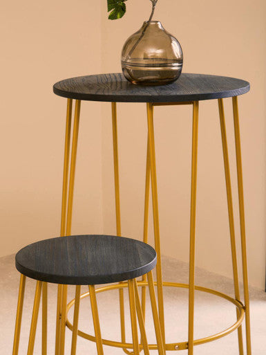 3 Piece Elm Wood Bar Table and Stool Set with Angular Frame in Gold Finish, District