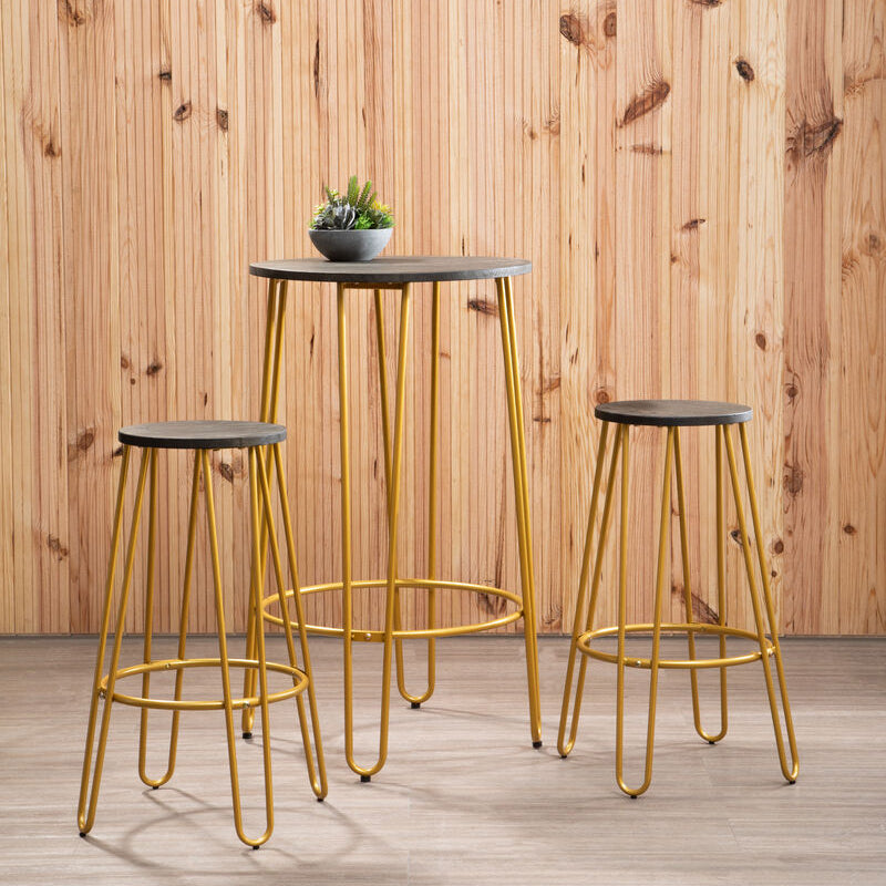 3 Piece Elm Wood Bar Table and Stool Set with Angular Frame in Gold Finish, District