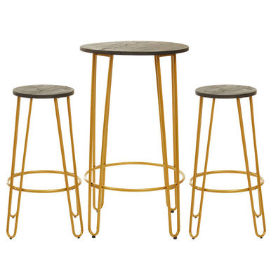 3 Piece Elm Wood Bar Table and Stool Set with Angular Frame in Gold Finish, District