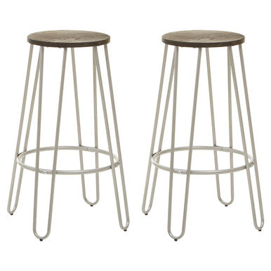3 Piece Elm Wood Bar Table and Stool Set with Angular Frame in Silver Finish, District