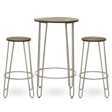 3 Piece Elm Wood Bar Table and Stool Set with Angular Frame in Silver Finish, District