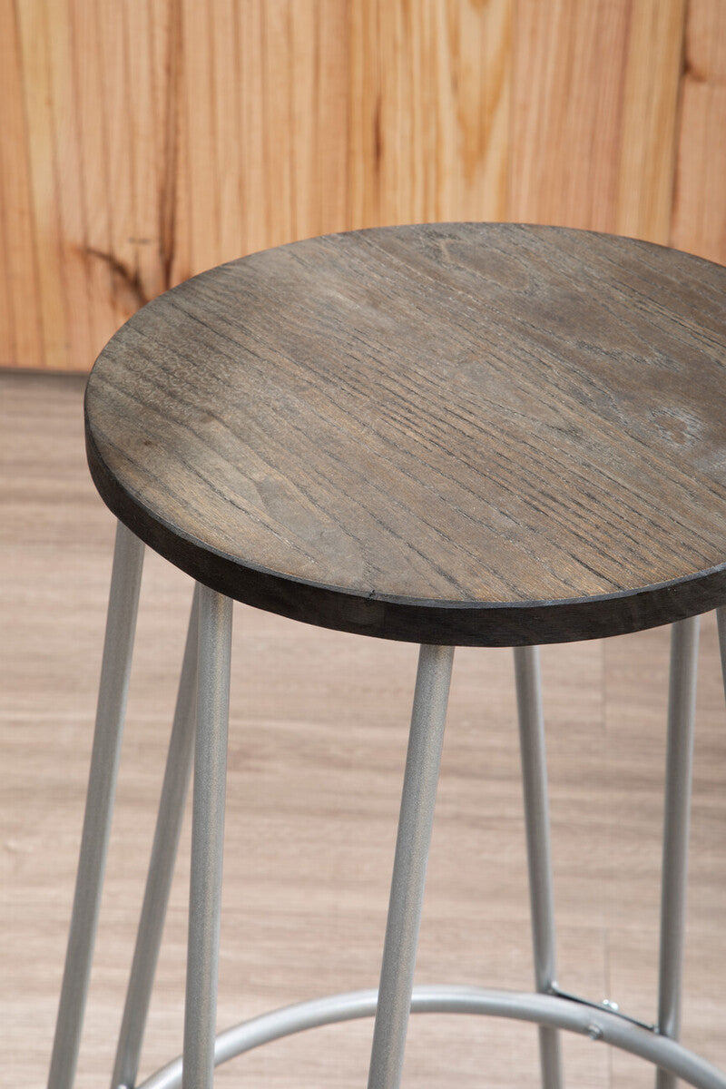 3 Piece Elm Wood Bar Table and Stool Set with Angular Frame in Silver Finish, District