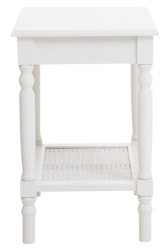 White Wooden 2-Tier Side Table with Cane Rattan Webbing Detail and Carved Legs, Heritage