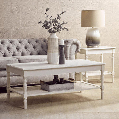 White Wooden 2-Tier Side Table with Cane Rattan Webbing Detail and Carved Legs, Heritage