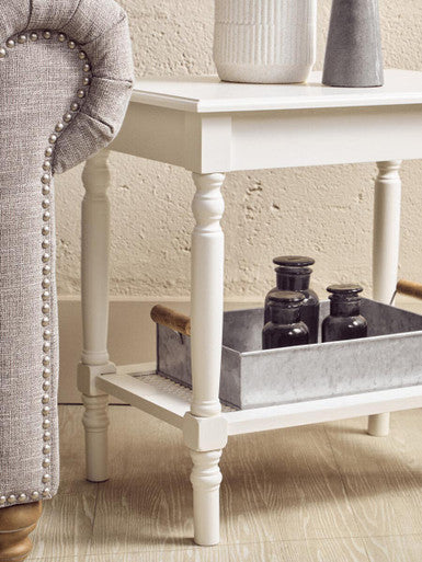 White Wooden 2-Tier Side Table with Cane Rattan Webbing Detail and Carved Legs, Heritage