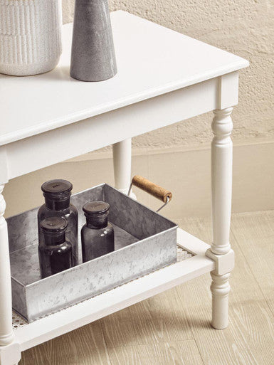White Wooden 2-Tier Side Table with Cane Rattan Webbing Detail and Carved Legs, Heritage