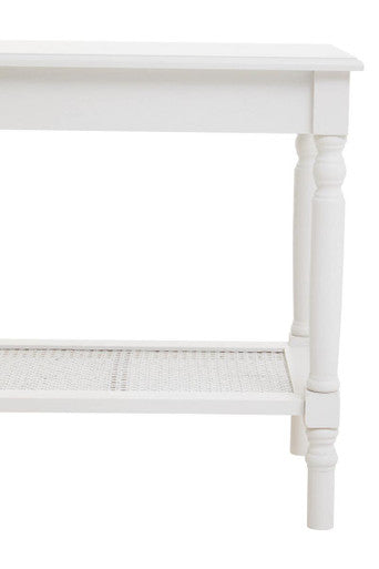 White Wooden 2-Tier Side Table with Cane Rattan Webbing Detail and Carved Legs, Heritage