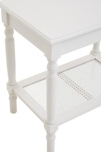 White Wooden 2-Tier Side Table with Cane Rattan Webbing Detail and Carved Legs, Heritage