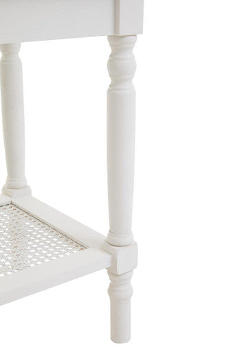 White Wooden 2-Tier Side Table with Cane Rattan Webbing Detail and Carved Legs, Heritage