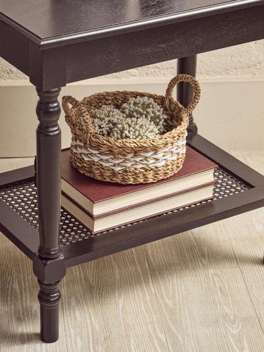 Antique Black Wooden Side Table with Cane Webbing Detail and Carved Spindle Legs, Heritage