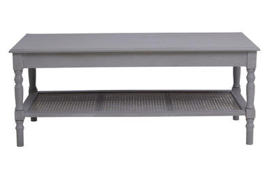 Slate Grey Wooden Coffee Table with Cane Webbed Lower Shelf and Carved Spindle Legs, Heritage