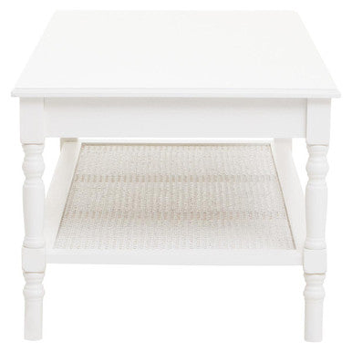 White Wooden Coffee Table with Cane Webbed Lower Shelf and Carved Spindle Legs, Heritage