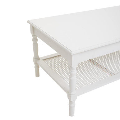White Wooden Coffee Table with Cane Webbed Lower Shelf and Carved Spindle Legs, Heritage
