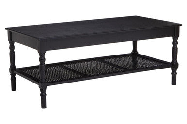 Black Wooden Coffee Table with Cane Webbed Lower Shelf and Carved Spindle Legs, Heritage