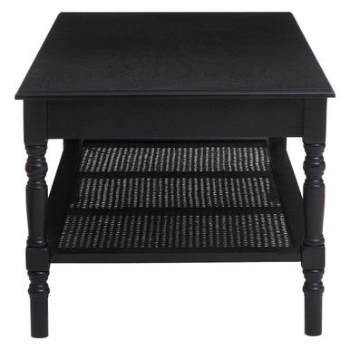 Black Wooden Coffee Table with Cane Webbed Lower Shelf and Carved Spindle Legs, Heritage
