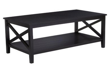 Black Wooden Coffee Table with Lower Shelf and X Frame Side Panels, Heritage