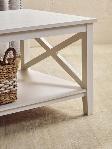 White Wooden Rectangular Coffee Table with Lower Shelf and X Frame Side Panels, Heritage