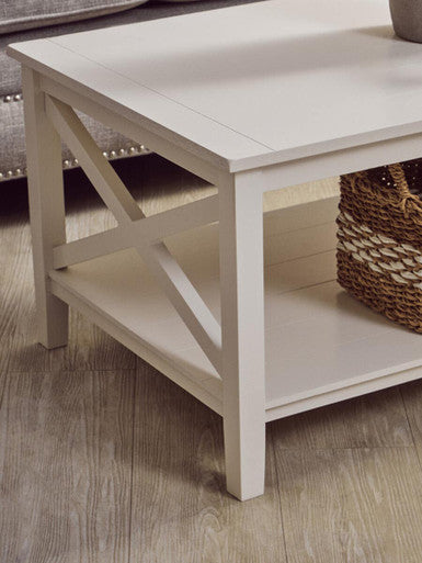 White Wooden Rectangular Coffee Table with Lower Shelf and X Frame Side Panels, Heritage
